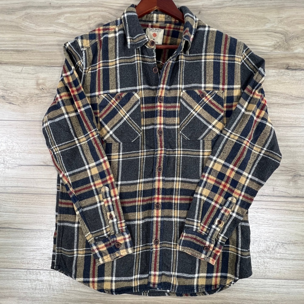 Ruff Hewn Mens Plaid Flannel Button Down Shirt Gray Tan Red Cotton Size M
